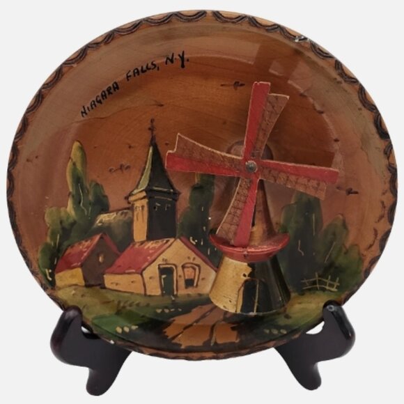 Vintage Hand Painted Dutch WINDMILL PLATE Wood Wall Hanging 7" Holland Made 2143 - Picture 2 of 15